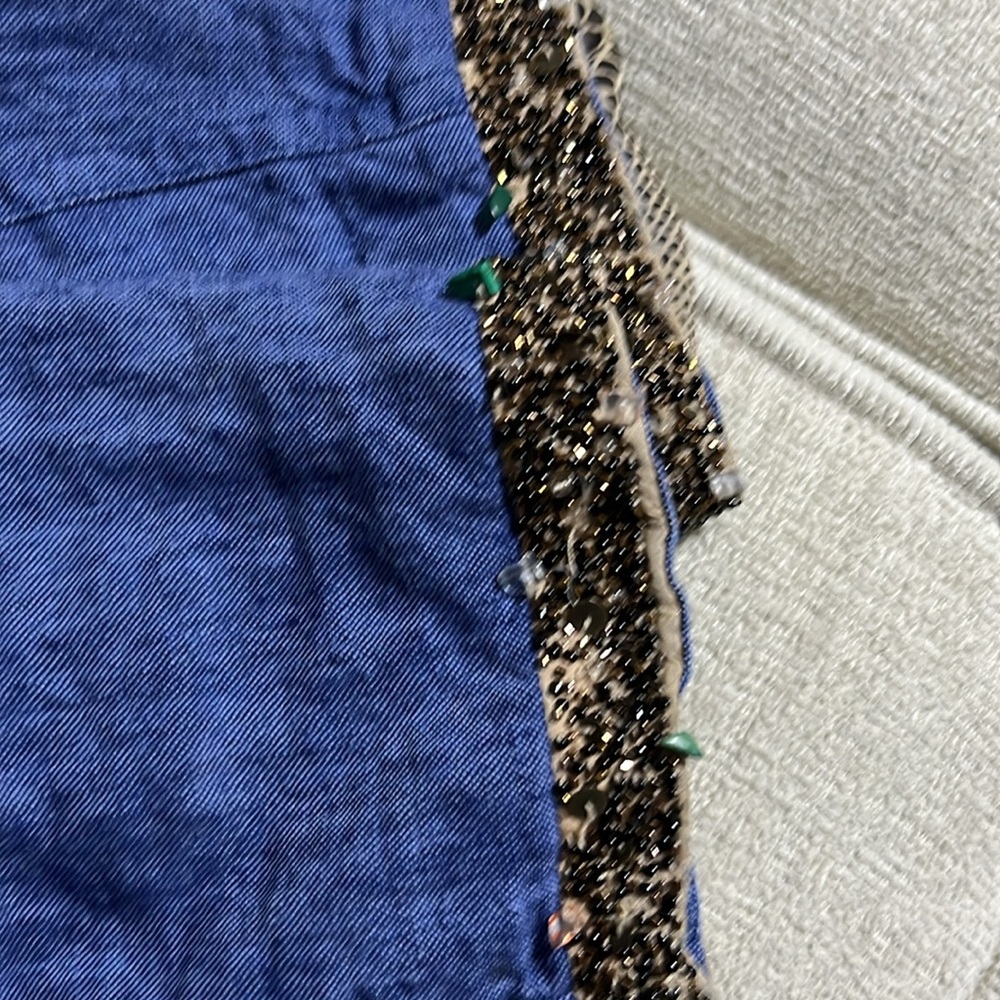 Blue Denim Jacket With Patterned Trim - image 7